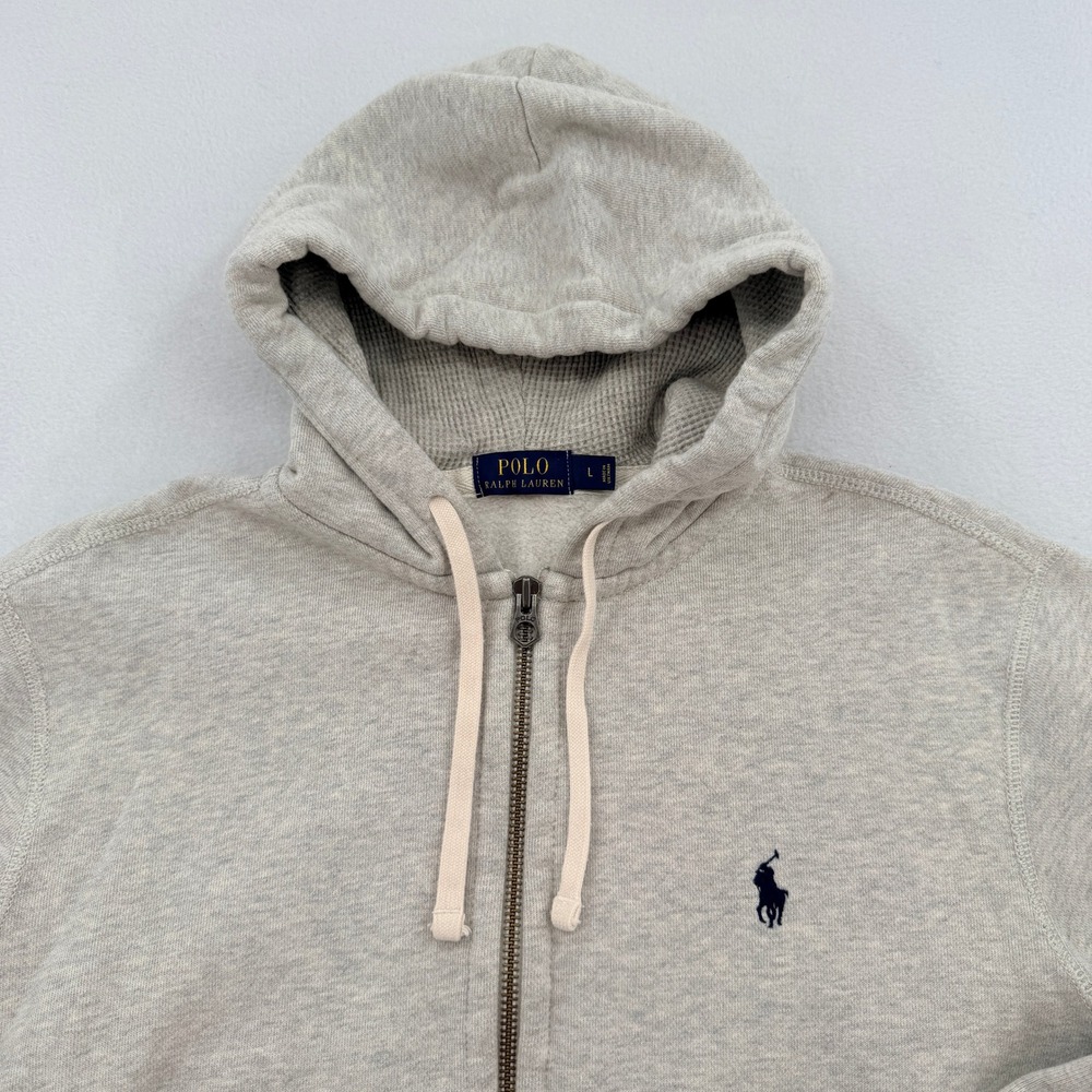 Polo Ralph Lauren Mens Full Zip Hoodie Heather Grey Fleece Lined Large Blue Pony - Picture 3 of 9